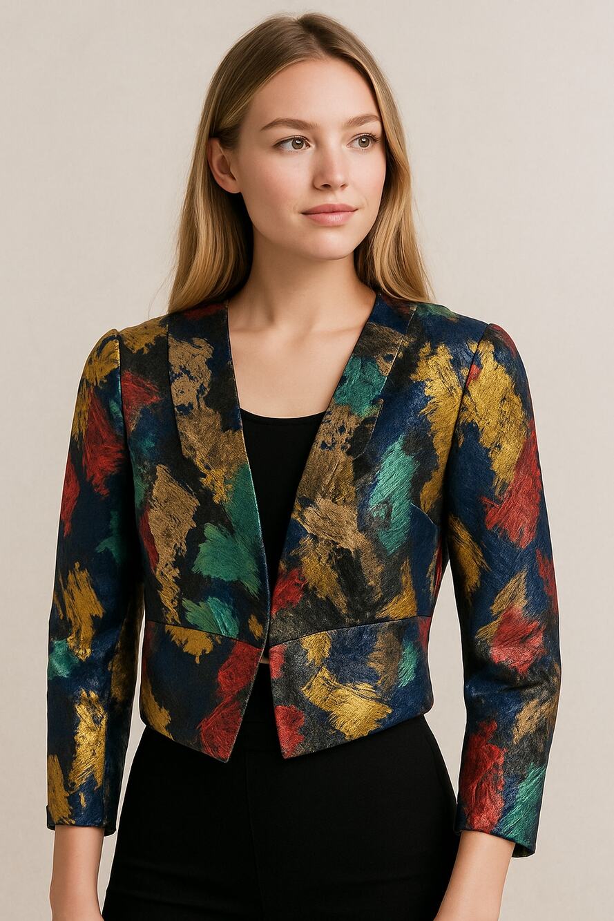 Jealous Tomato Multicolor Metallic Art Deco Brocade Abstract Cropped Jacket M